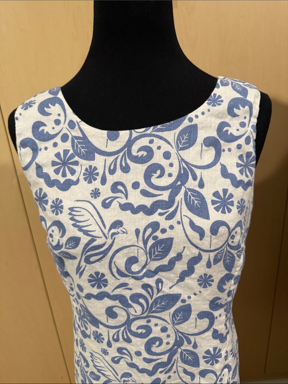 Sleeveless White and Blue Floral Sheath Dress